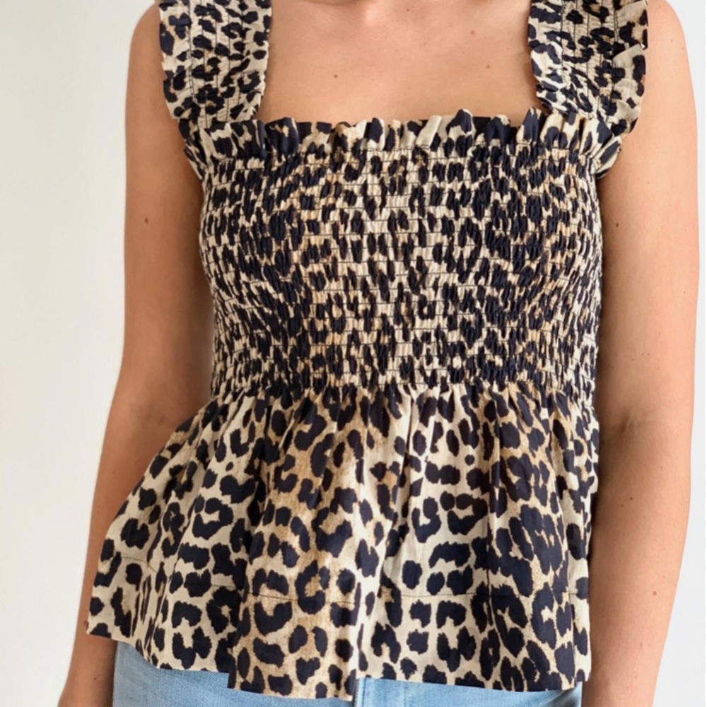 Ganni cotton silk Smocked Leopard Tank